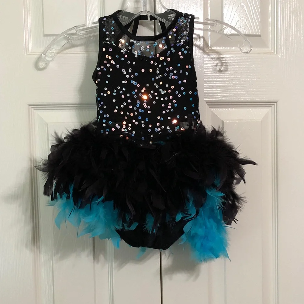Weissman Size SC (Small) Girls Leotard Black/Teal Feathered Sequin Dance Costume